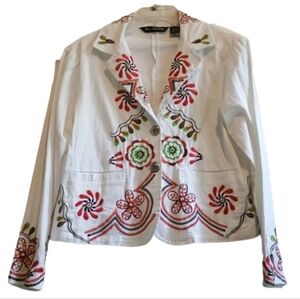 New Identity White Embroidered Beaded Blazer Jacket L Cotton Lycra‎ Boho Floral